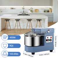 Garvee 8Qt Commercial Food Mixer 450W Dual Rotation 8Qt Bowl Mixes 6.6 lbs Dough Safety Shield for Restaurants Bakeries Pizzerias