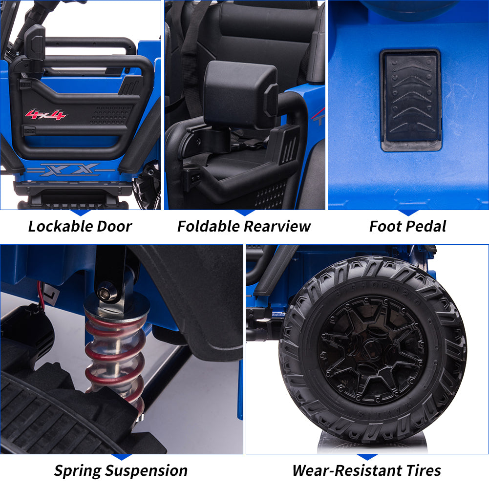 Garvee 24V Kids Ride On Car with Remote Control, 2 Seats 20“ Extra Large Seat Wide Truck, Power Wheels Vehicle, LED Brightlight, Front Storage, Bottle Holder, Central Control, Horn, Bluetooth, USB (Blue)