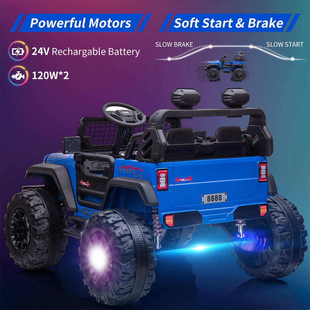 Garvee 24V Kids Ride On Car with Remote Control, 2 Seats 20“ Extra Large Seat Wide Truck, Power Wheels Vehicle, LED Brightlight, Front Storage, Bottle Holder, Central Control, Horn, Bluetooth, USB (Blue)