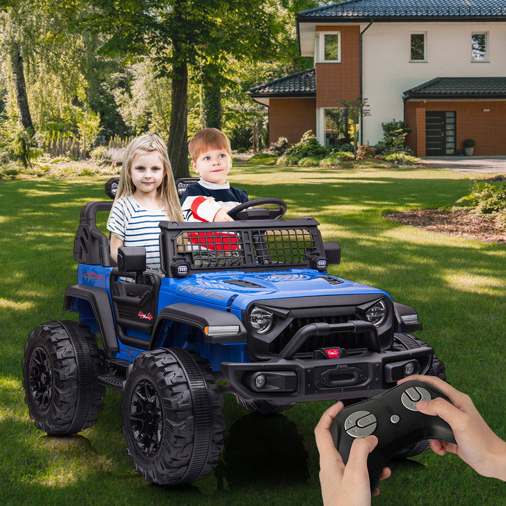 Garvee 24V Kids Ride On Car with Remote Control, 2 Seats 20“ Extra Large Seat Wide Truck, Power Wheels Vehicle, LED Brightlight, Front Storage, Bottle Holder, Central Control, Horn, Bluetooth, USB (Blue)