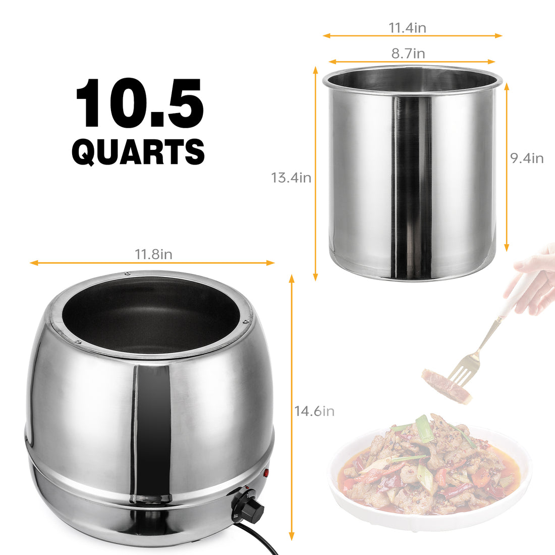 Garvee 10.5QT Commercial Soup Kettle Warmer with Hinged Lid and Detachable Stainless Steel Insert Pot for Restaurant and Big Family - Sliver