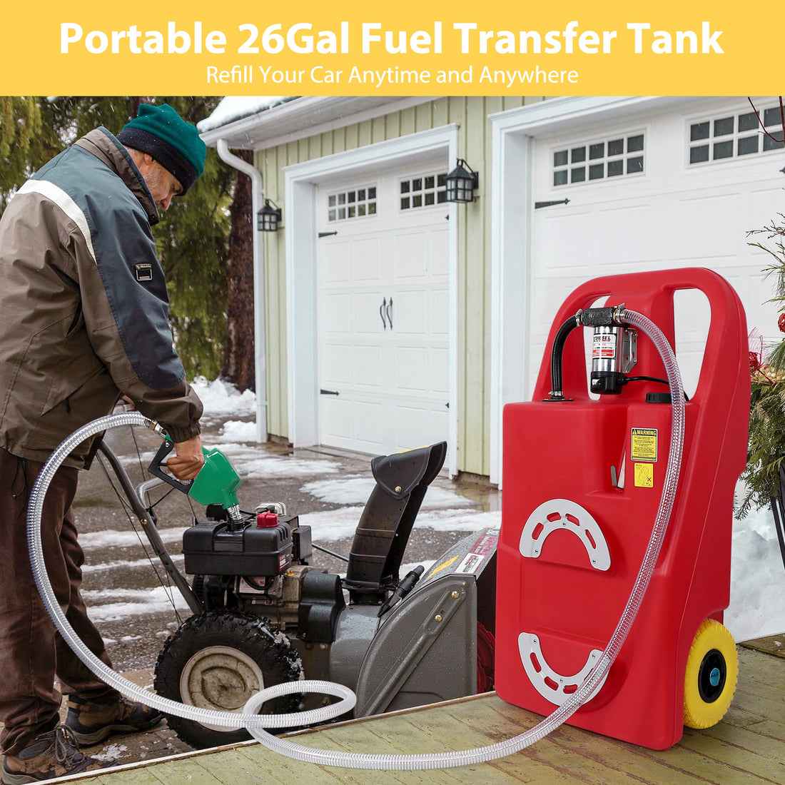 Garvee Fuel Caddy, 26 Gallon Portable Diesel Fuel Tank On-Wheels with Electric Fueling Nozzle & 360° Swivel Connector, Diesel Container with 12V DC 140W Transfer Pump for Cars, Trucks, Boats