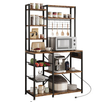 Garvee Baker Rack with Power Outlet, Kitchen Bakers Rack with 2 Wire Basket, Microwave Stand with Large Open Storage Shelves, 7-Tier Freestanding Utility Storage Shelf, Retro Brown