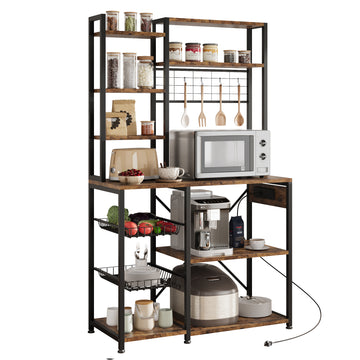Garvee Baker Rack with Power Outlet, Kitchen Bakers Rack with 2 Wire Basket, Microwave Stand with Large Open Storage Shelves, 7-Tier Freestanding Utility Storage Shelf, Retro Brown