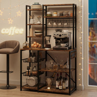 Garvee Baker Rack with Power Outlet, Kitchen Bakers Rack with 2 Wire Basket, Microwave Stand with Large Open Storage Shelves, 7-Tier Freestanding Utility Storage Shelf, Retro Brown