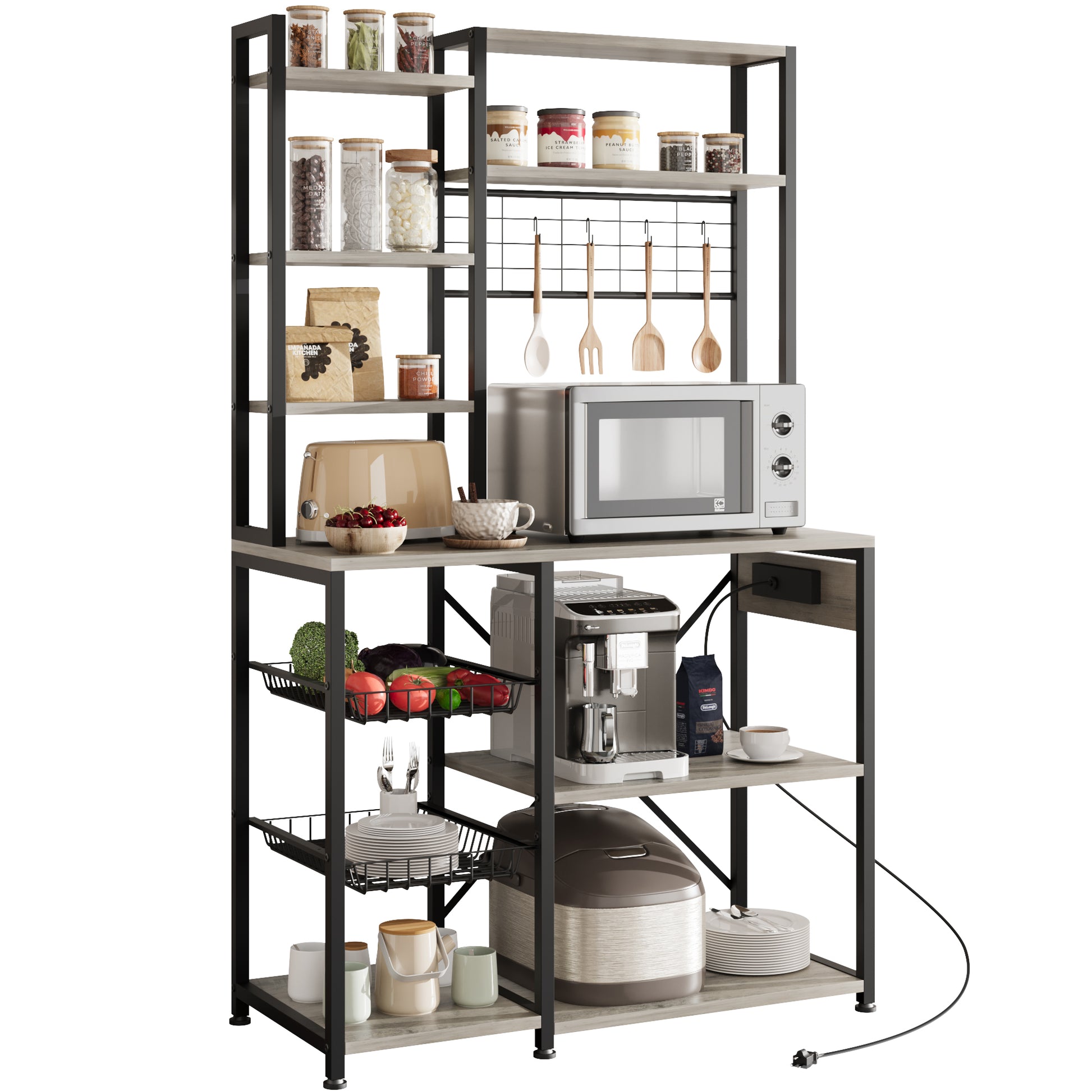 Garvee Bakers Rack with Power Outlet, Industrial Microwave Stand with 2 Wire Drawer, Large Coffee Bar Station, 7-Tier Kitchen Bakers Rack with Storage for Kitchen Spice, Pots Organizer, Gray