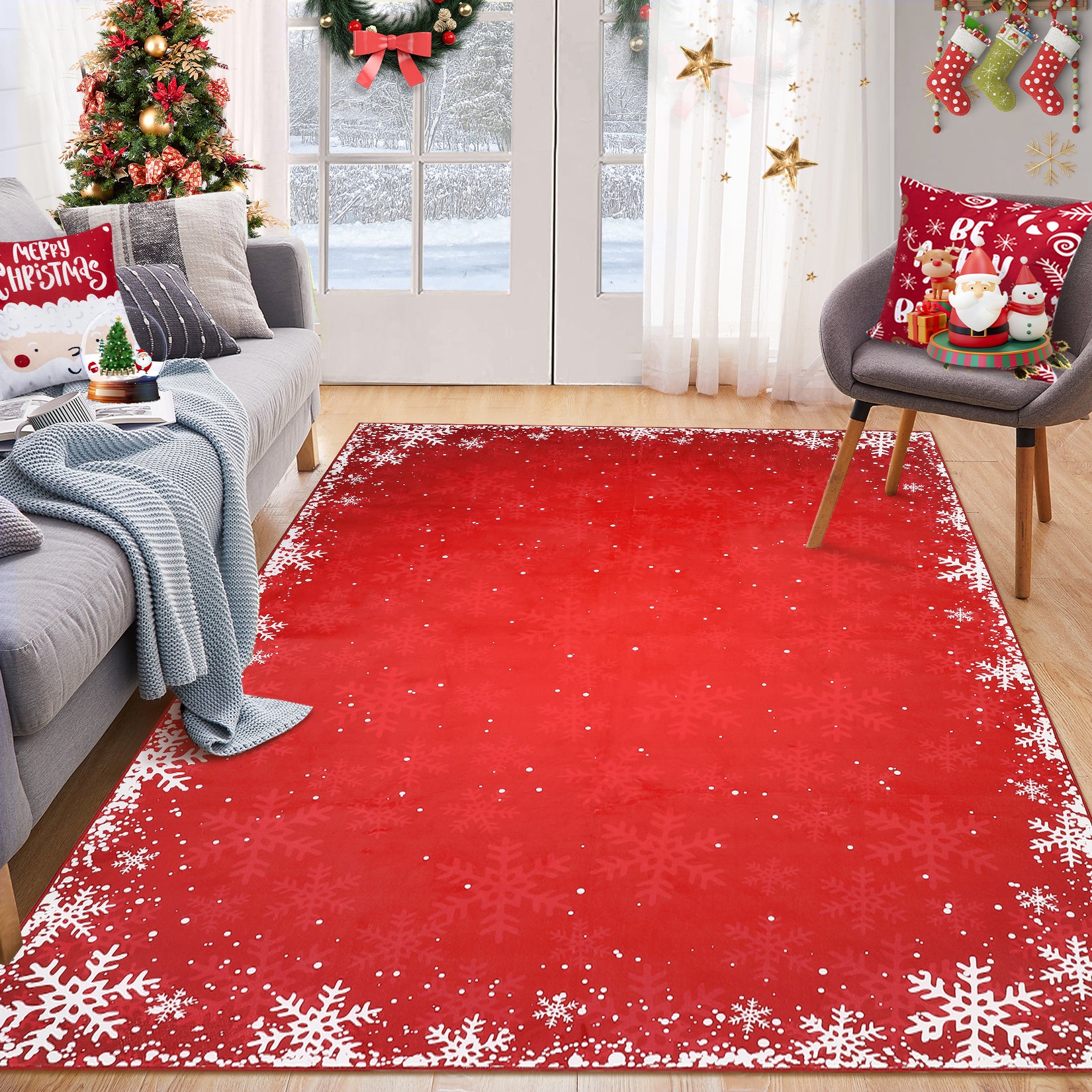 Garvee Bedroom Area Rug 4x6 Indoor Xmas Area Rug Non-Slip Fllor Carpet Christmas Decorative Area Rug Boho Snowflake Area Rug Washable Area Rug for Bedroom Living Room Kitchen Nursery, Red 4' x 6'
