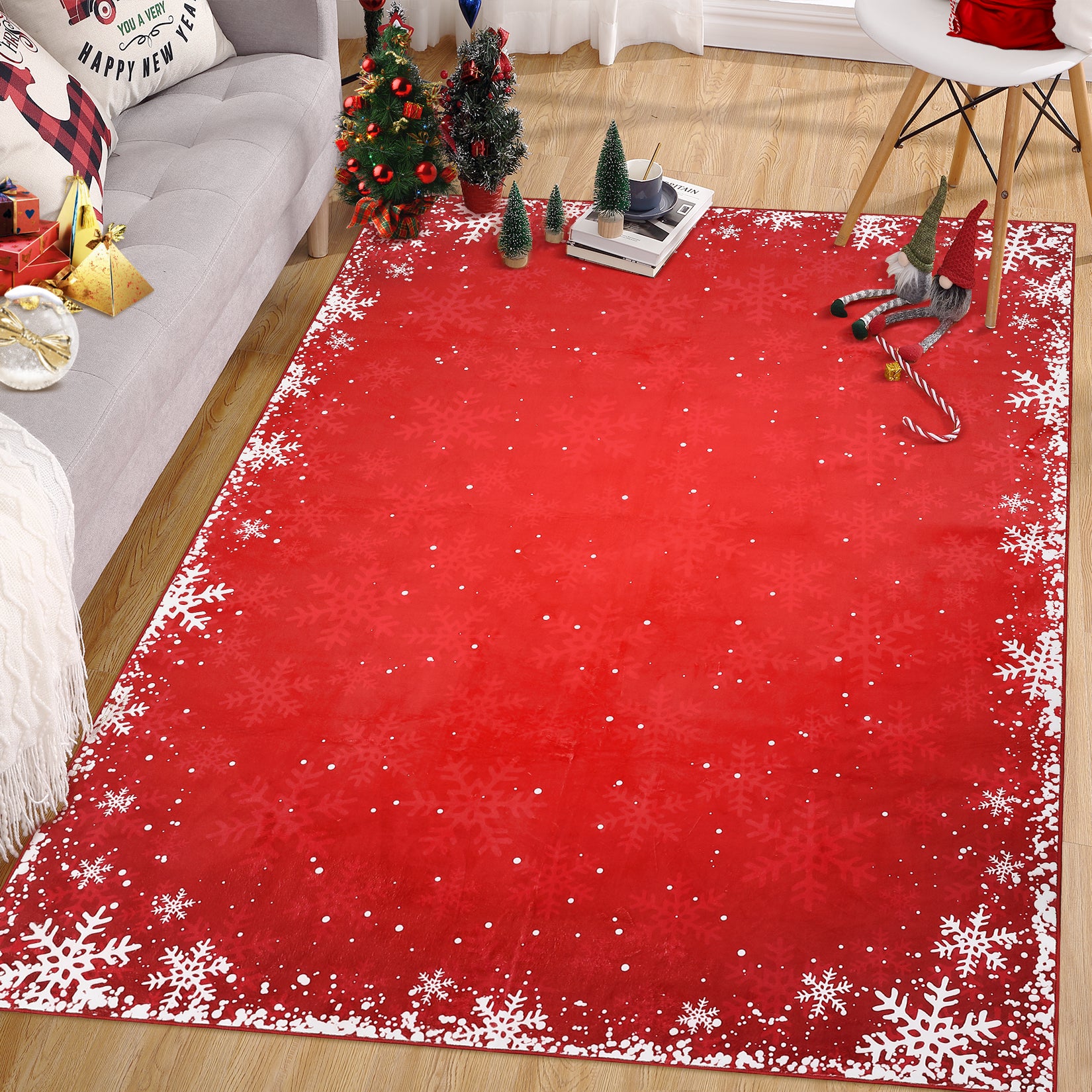Garvee Bedroom Area Rug 4x6 Indoor Xmas Area Rug Non-Slip Fllor Carpet Christmas Decorative Area Rug Boho Snowflake Area Rug Washable Area Rug for Bedroom Living Room Kitchen Nursery, Red 4' x 6'
