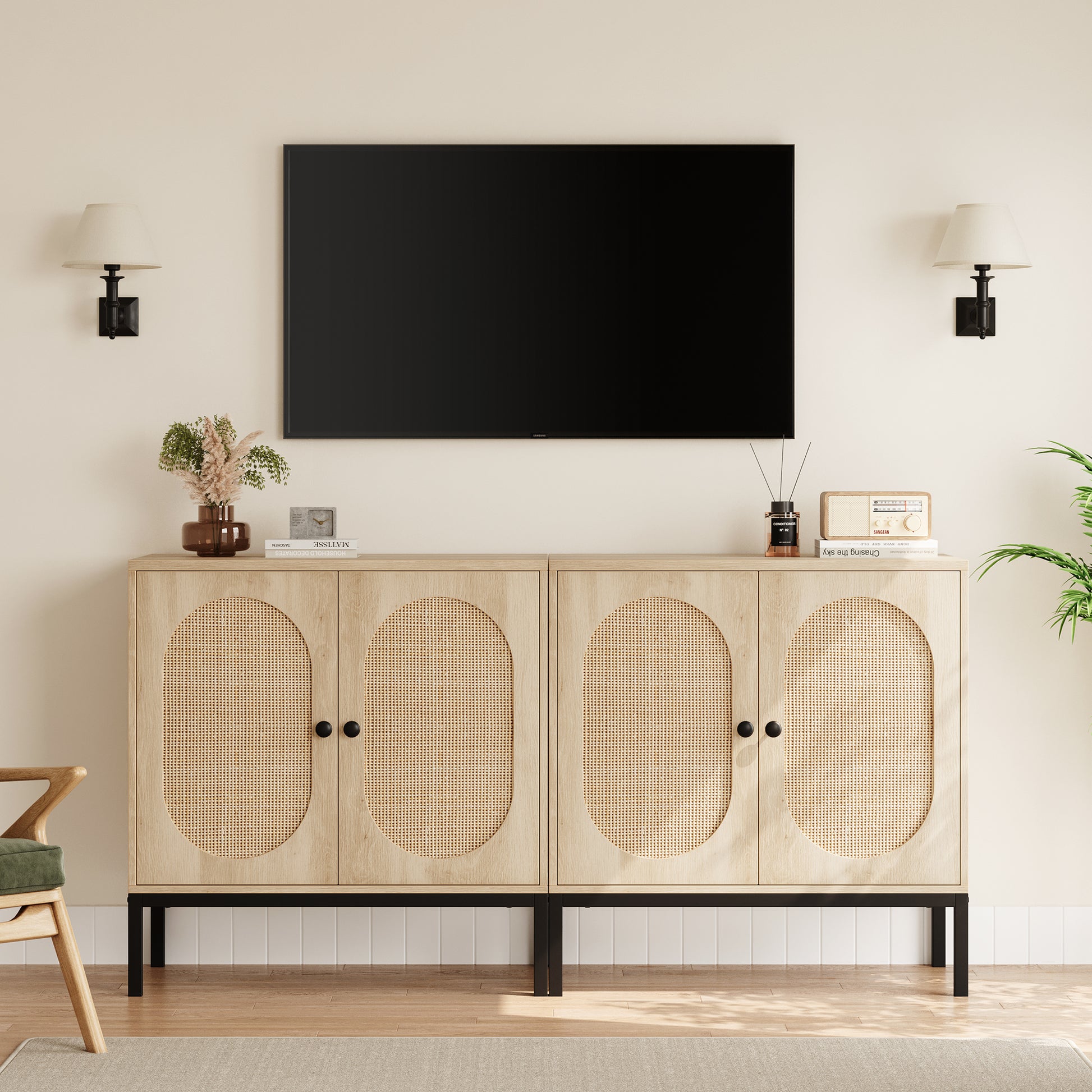 Garvee Rattan Buffet Cabinet with Storage, Farmhouse Sideboard Cabinet with Doors and Adjustable Shelves, Modern Wood Cupboard for Kitchen, Living Room and Dining Room