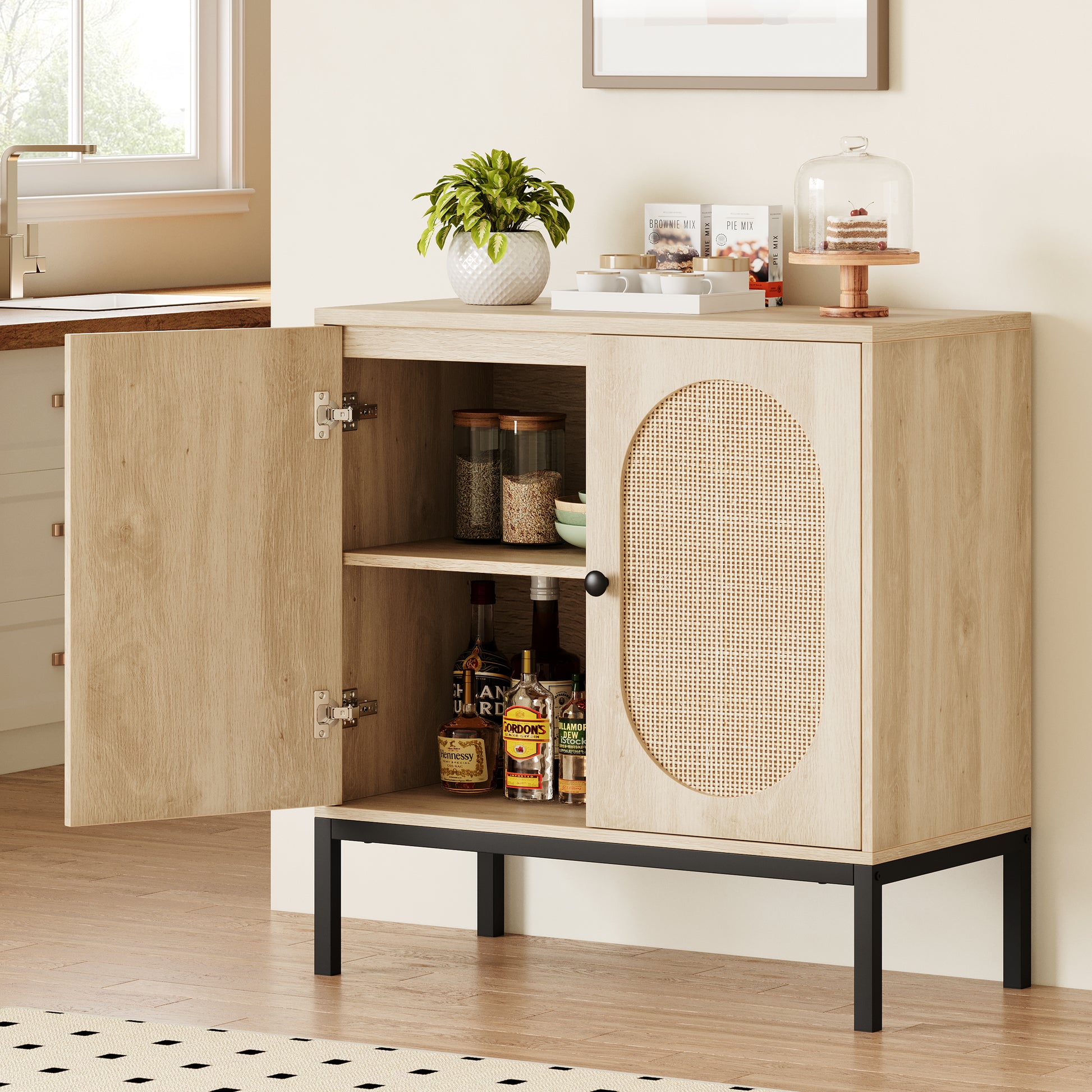 Garvee Rattan Buffet Cabinet with Storage, Farmhouse Sideboard Cabinet with Doors and Adjustable Shelves, Modern Wood Cupboard for Kitchen, Living Room and Dining Room