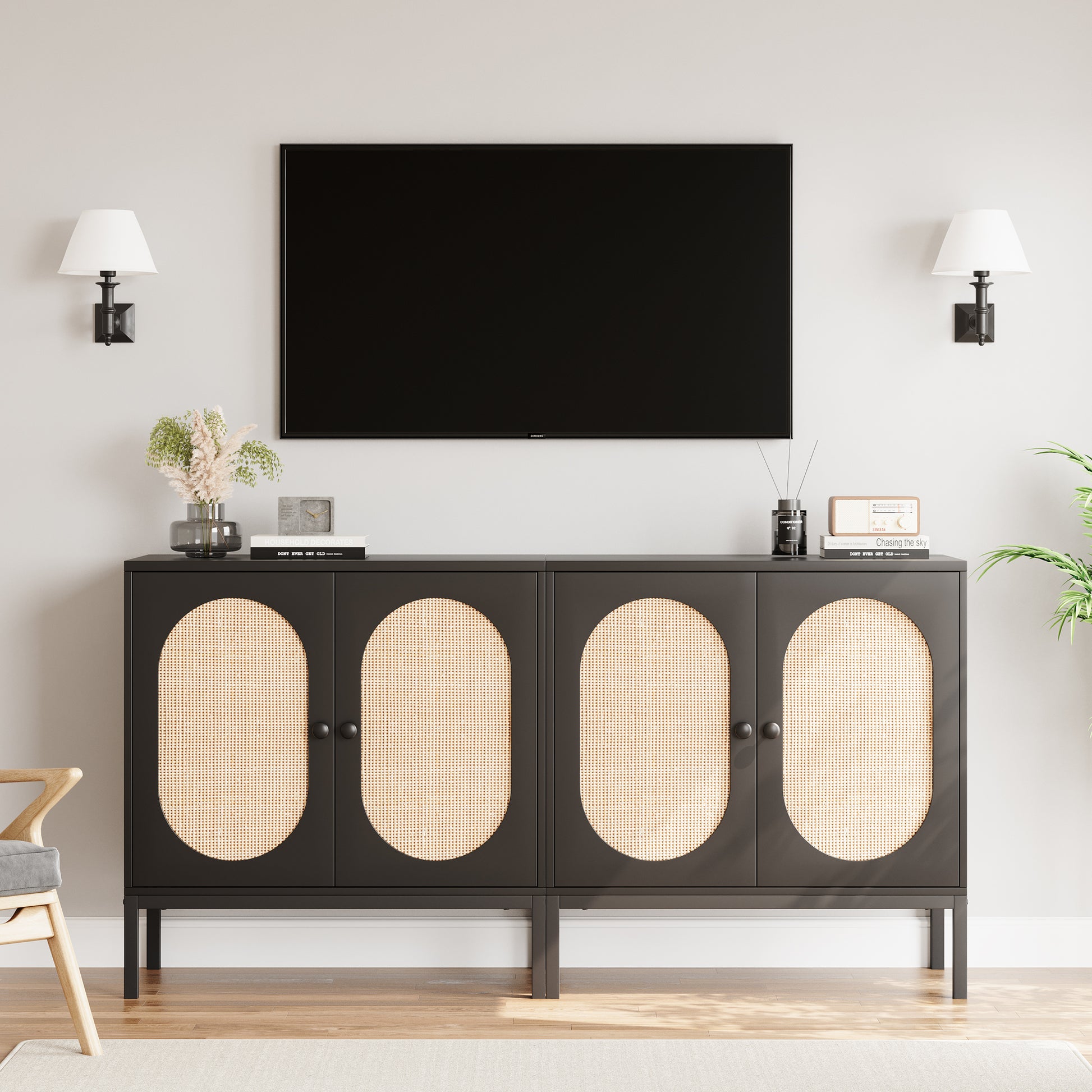 Garvee Buffet Cabinet with Rattan Doors, Farmhouse Sideboard Cabinet with Adjustable Shelves, Modern Wood Cupboard for Kitchen , Living Room, Dining Room, Hallway, Black