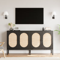 Garvee Buffet Cabinet with Rattan Doors, Farmhouse Sideboard Cabinet with Adjustable Shelves, Modern Wood Cupboard for Kitchen , Living Room, Dining Room, Hallway, Black
