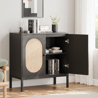 Garvee Buffet Cabinet with Rattan Doors, Farmhouse Sideboard Cabinet with Adjustable Shelves, Modern Wood Cupboard for Kitchen , Living Room, Dining Room, Hallway, Black