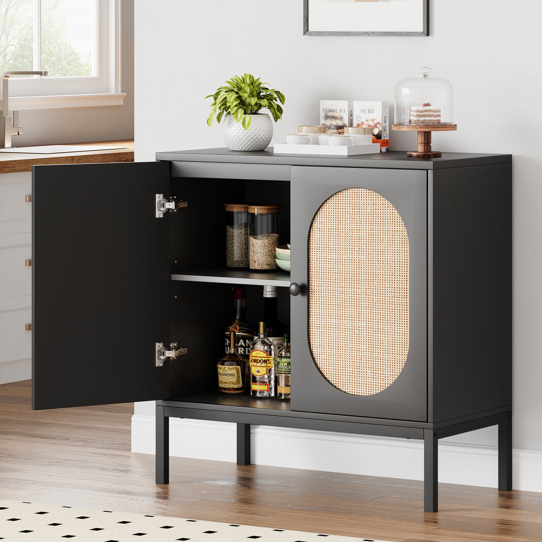Garvee Buffet Cabinet with Rattan Doors, Farmhouse Sideboard Cabinet with Adjustable Shelves, Modern Wood Cupboard for Kitchen , Living Room, Dining Room, Hallway, Black