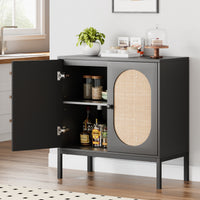 Garvee Buffet Cabinet with Rattan Doors, Farmhouse Sideboard Cabinet with Adjustable Shelves, Modern Wood Cupboard for Kitchen , Living Room, Dining Room, Hallway, Black