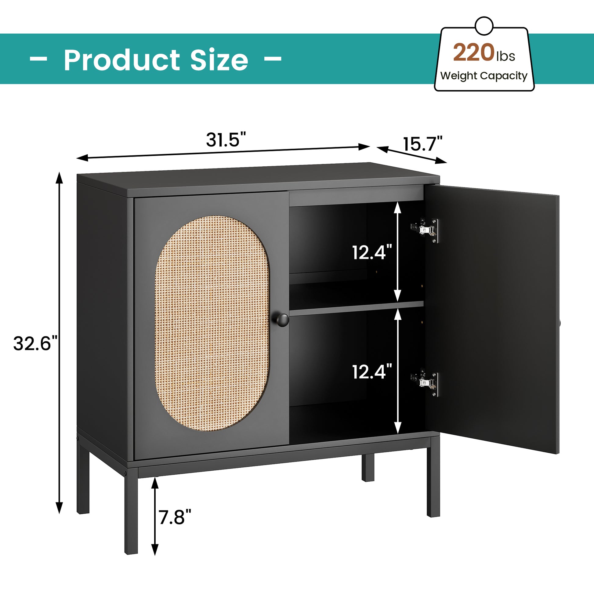 Garvee Buffet Cabinet with Rattan Doors, Farmhouse Sideboard Cabinet with Adjustable Shelves, Modern Wood Cupboard for Kitchen , Living Room, Dining Room, Hallway, Black