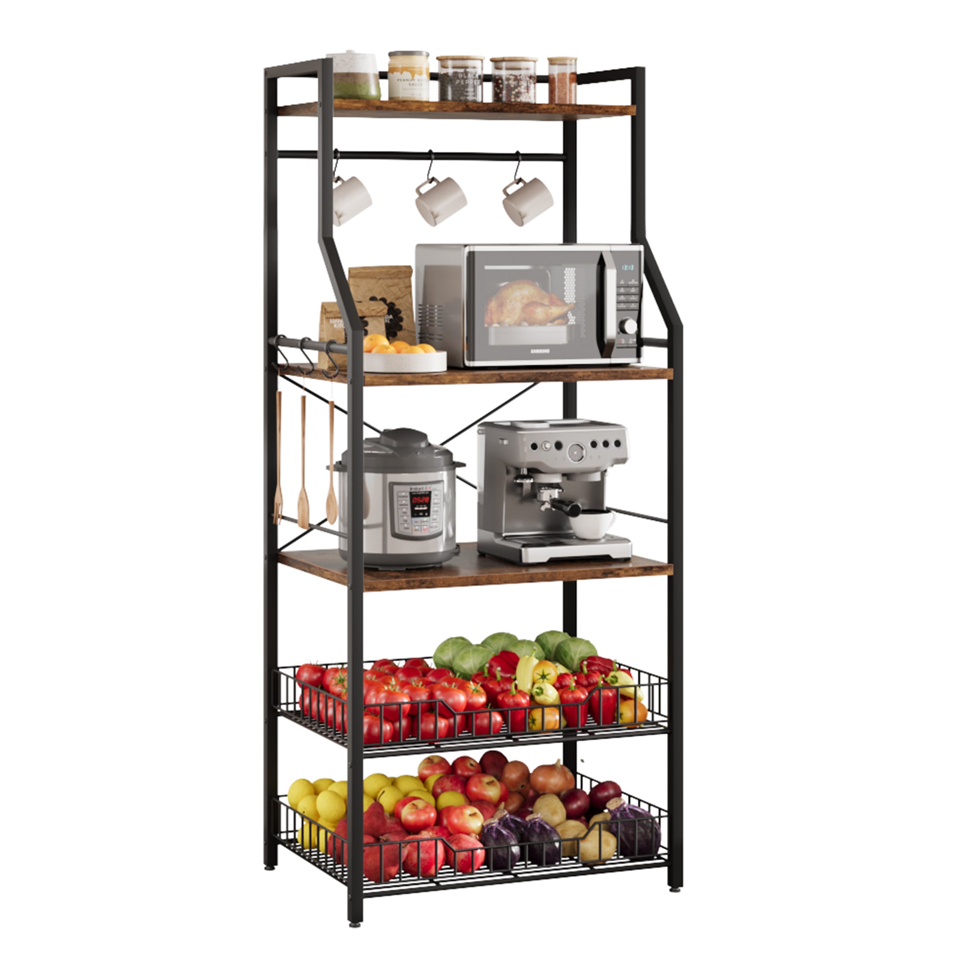 Garvee Kitchen Bakers Rack with Microwave Stand, 2 Large Wire Baskets, Industrial Coffee Bar Station with MDF Board, 5-Tier Storage Shelf, 8 Hooks for Kitchen Storage, Brown