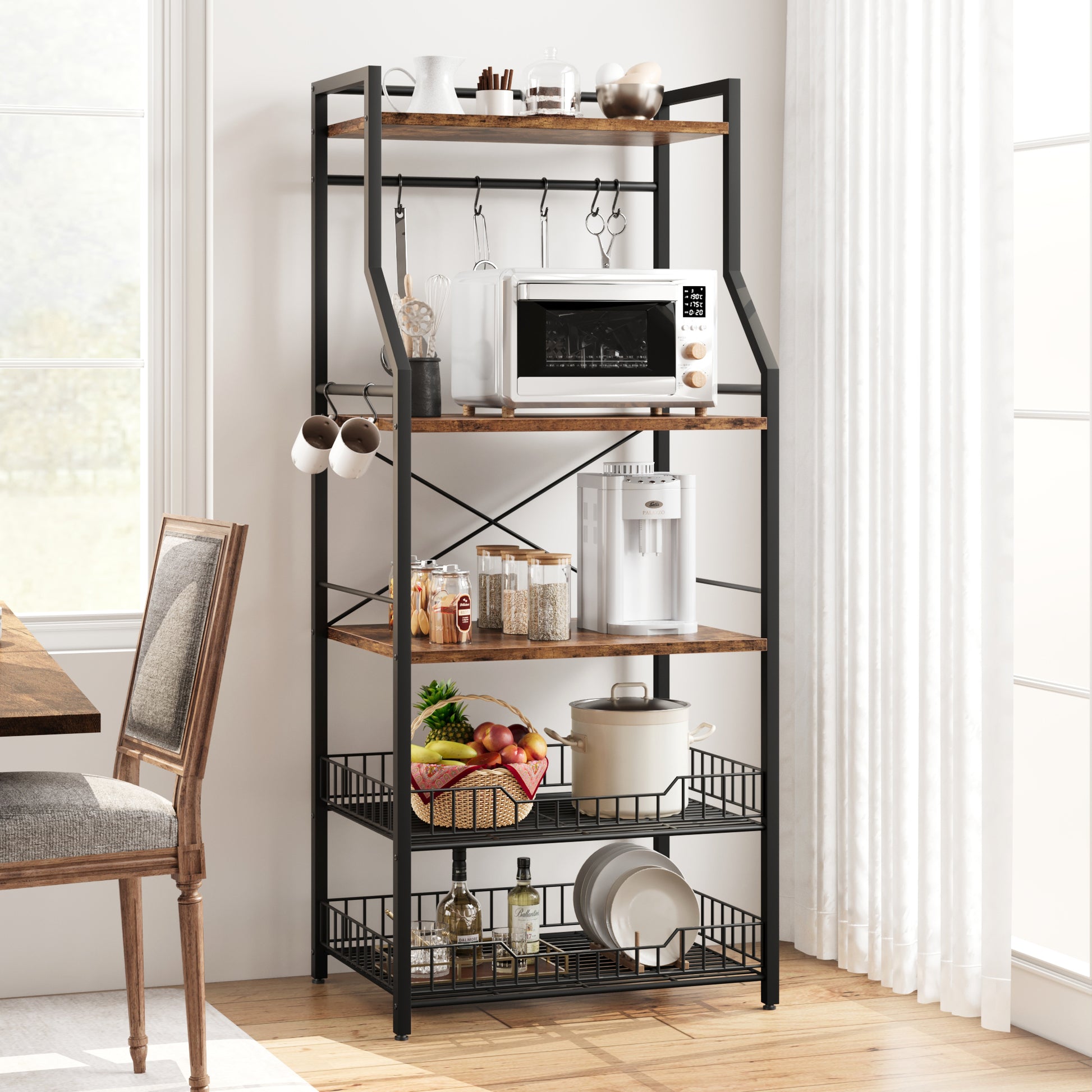 Garvee Kitchen Bakers Rack with Microwave Stand, 2 Large Wire Baskets, Industrial Coffee Bar Station with MDF Board, 5-Tier Storage Shelf, 8 Hooks for Kitchen Storage, Brown