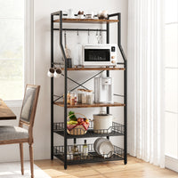 Garvee Kitchen Bakers Rack with Microwave Stand, 2 Large Wire Baskets, Industrial Coffee Bar Station with MDF Board, 5-Tier Storage Shelf, 8 Hooks for Kitchen Storage, Brown