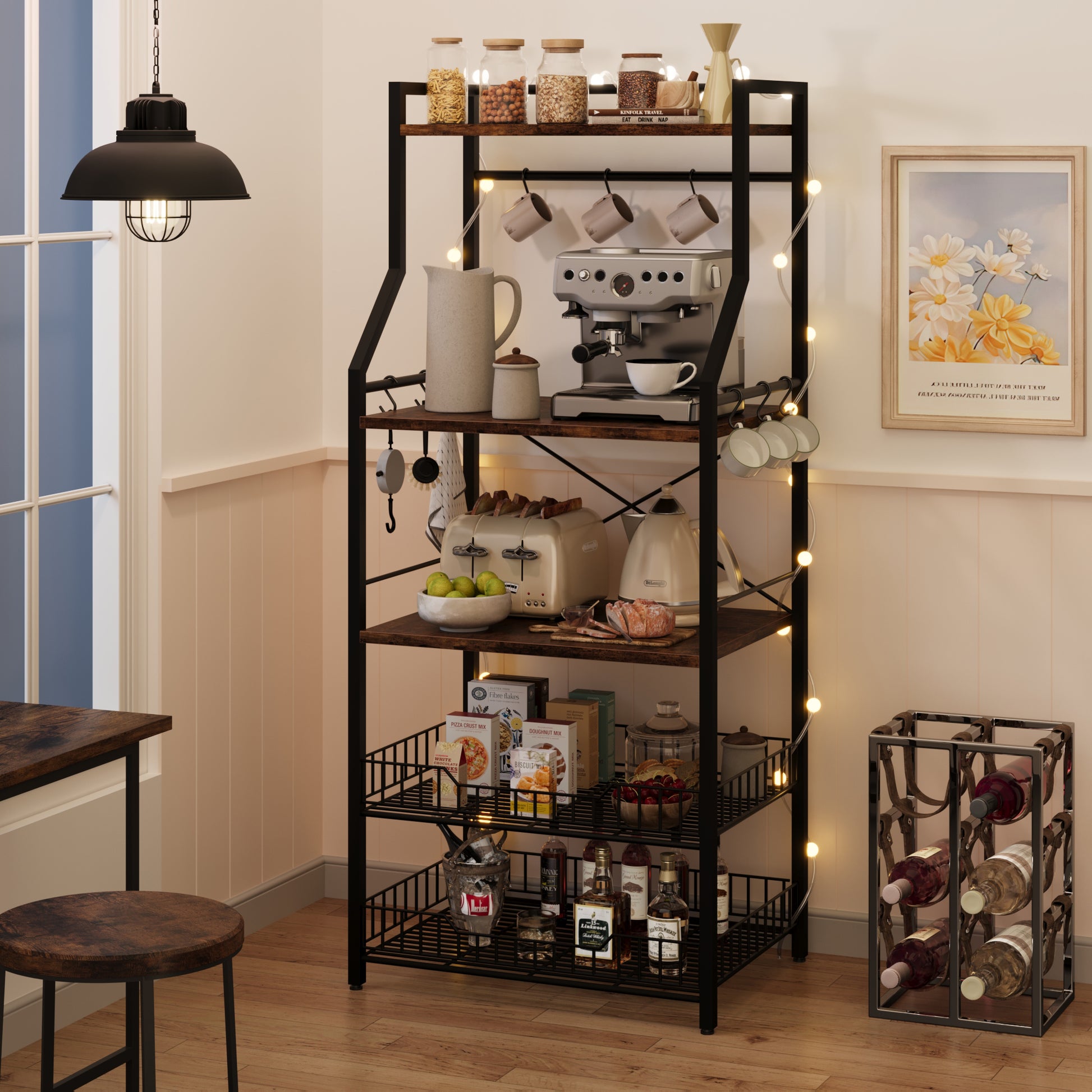 Garvee Kitchen Bakers Rack with Microwave Stand, 2 Large Wire Baskets, Industrial Coffee Bar Station with MDF Board, 5-Tier Storage Shelf, 8 Hooks for Kitchen Storage, Brown