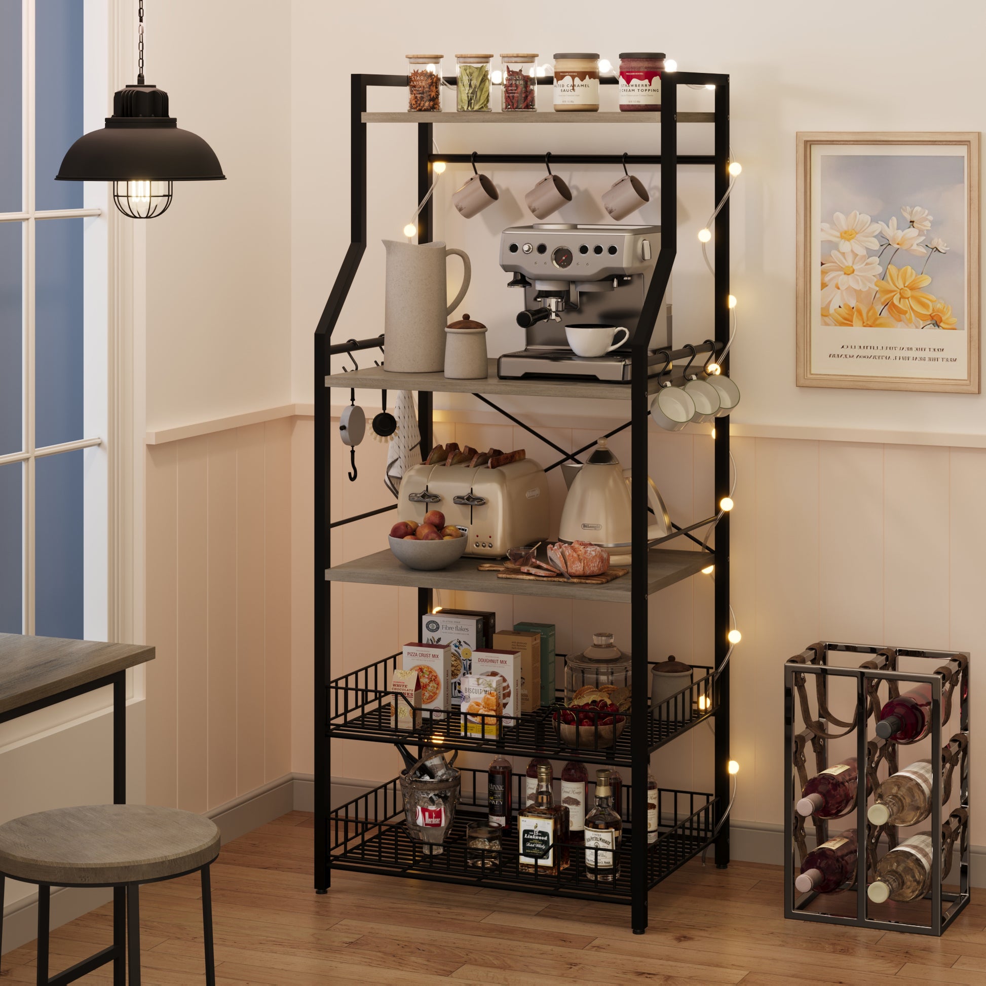 Garvee Rustic Microwave Stand, 5-Tier Storage Rack with Adjustable Feet and Anti-Tip Kit, Engineered Wood, Rustic Gray