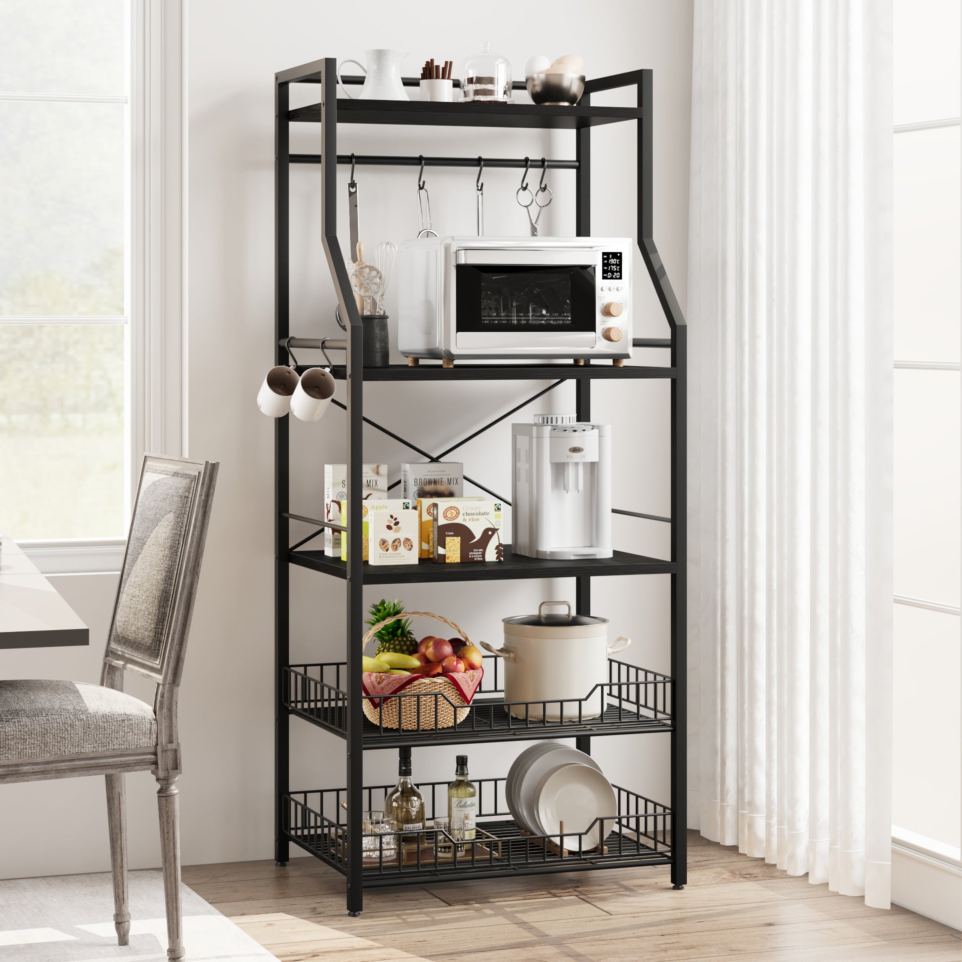 Garvee Kitchen Bakers Rack, Microwave Oven Stand with 2 Large Wire Baskets, Industrial Coffee Bar Station, 5-Tier Kitchen Utility Storage Shelf with 8 Hooks for Spice, Pots Organizer, Black