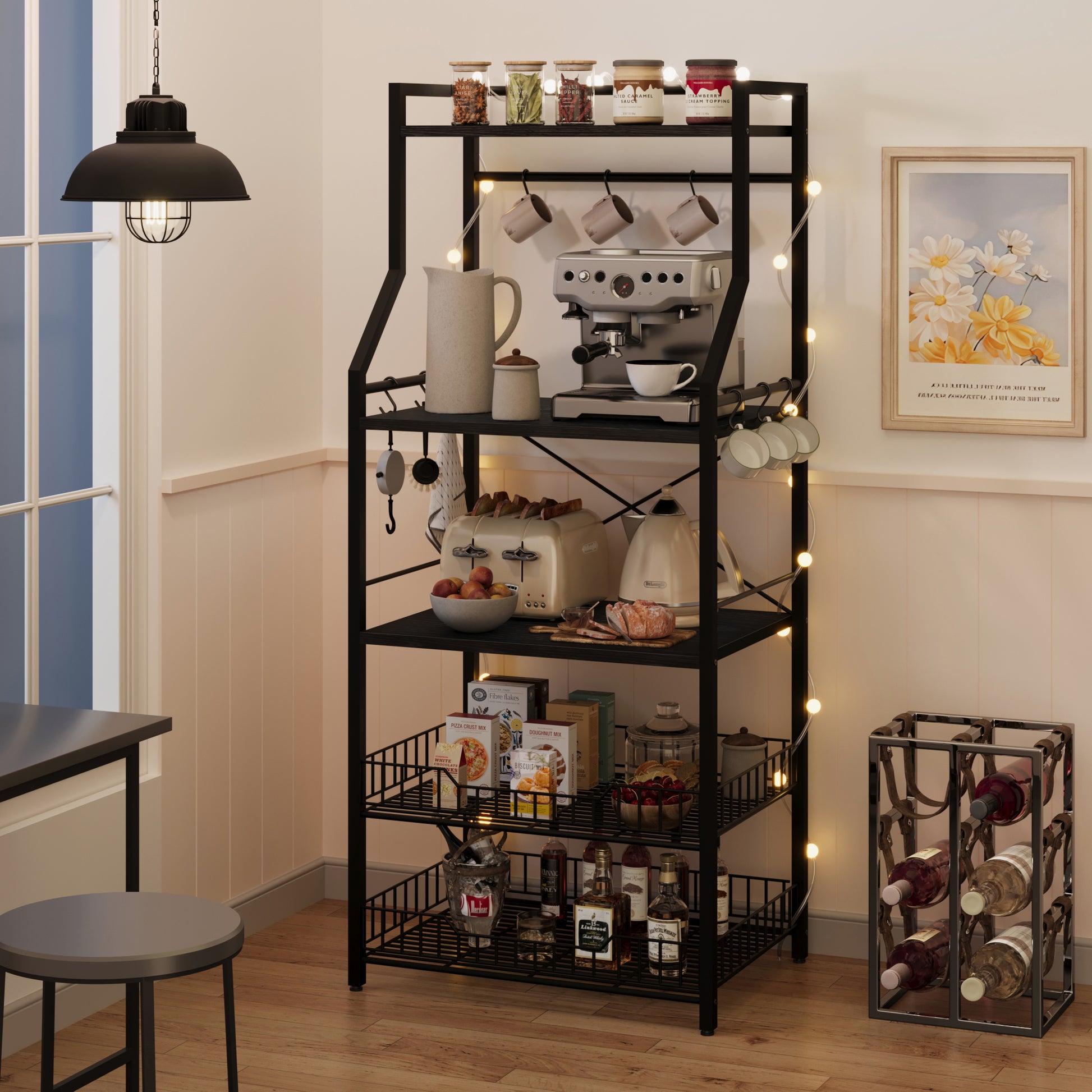 Garvee Kitchen Bakers Rack, Microwave Oven Stand with 2 Large Wire Baskets, Industrial Coffee Bar Station, 5-Tier Kitchen Utility Storage Shelf with 8 Hooks for Spice, Pots Organizer, Black