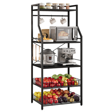 Garvee Kitchen Bakers Rack, Microwave Oven Stand with 2 Large Wire Baskets, Industrial Coffee Bar Station, 5-Tier Kitchen Utility Storage Shelf with 8 Hooks for Spice, Pots Organizer, Black