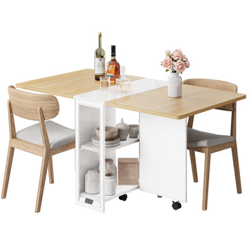 Garvee Folding Dining Table with 2 Tier Storage, Extendable Kitchen Table, Drop Leaf Table, Rectangle Dining Room Tables Set for 4, Space Saving Dinner Kitchen Office Furniture, White