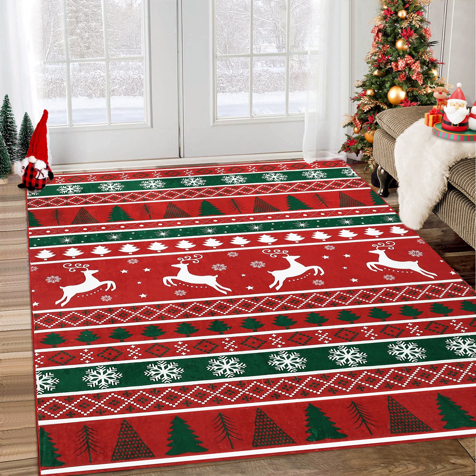 Garvee Washable Area Rug 8x10 Rug for Living Room Modern Christmas Rug Xmas Deer Tree Non Slip Carpet for Bedroom Soft Stain Resistant Large Area Rug for Holiday Dining Room