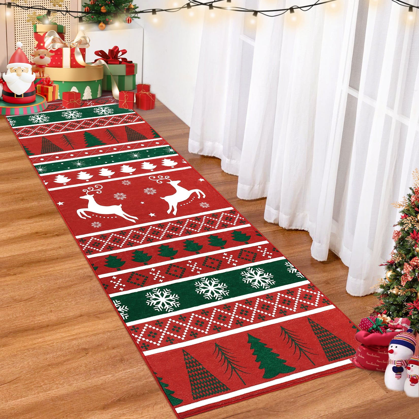 Garvee Christmas Runner Rug 2x10 Hallway Rug Xmas Runner Kitchen Rug Bath Mat Washable Rug Non Slip Carpet Low Pile Holiday Decor Deer Snowflake Tree Soft Rug for Bedroom Laundry