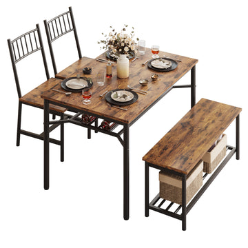 Garvee Dining Table Set for 4, Kitchen Table and Chairs for 4 with Wine Rack, Rectangular Dining Room Table Set with Bench, 4 Piece Dining Table Set for Small Space, Apartment, Brown