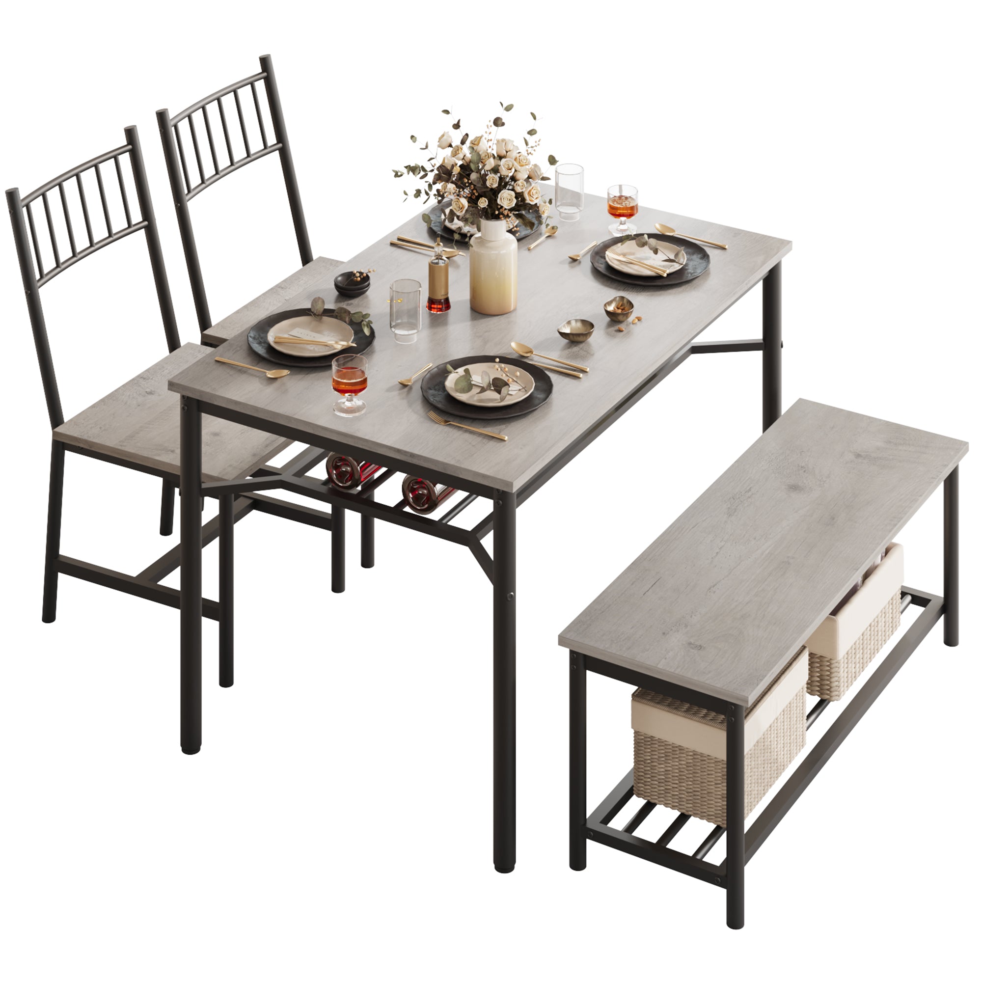 Garvee Dining Table Set for 4 with Bench and 2 Chairs, Rectangular Kitchen Table Set with Wine Rack, Dining Room Table Set for 4 with Storage Benches for Small Space, Apartment, Gray