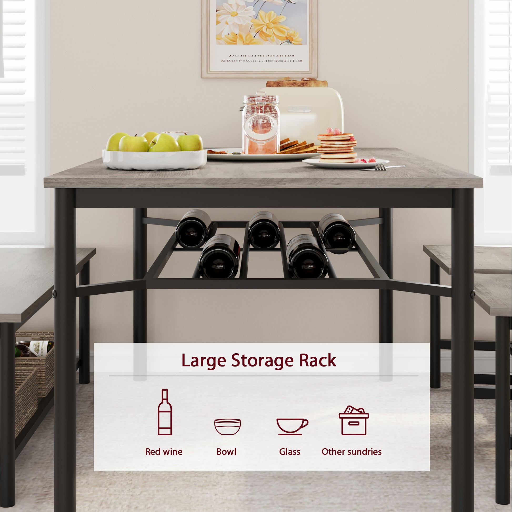Garvee Dining Table Set for 4 with Bench and 2 Chairs, Rectangular Kitchen Table Set with Wine Rack, Dining Room Table Set for 4 with Storage Benches for Small Space, Apartment, Gray