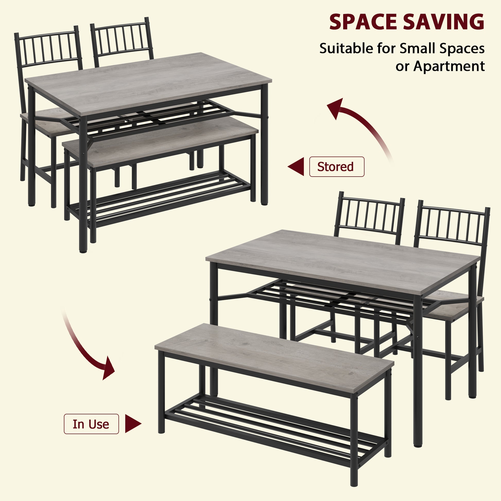 Garvee Dining Table Set for 4 with Bench and 2 Chairs, Rectangular Kitchen Table Set with Wine Rack, Dining Room Table Set for 4 with Storage Benches for Small Space, Apartment, Gray