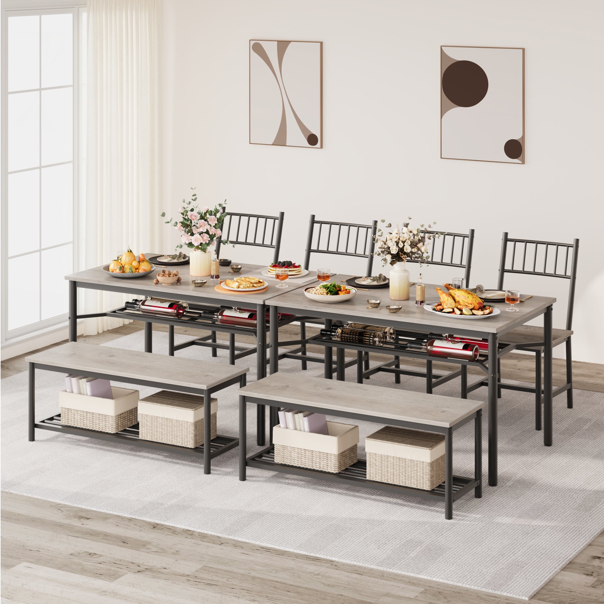 Garvee Dining Table Set for 4 with Bench and 2 Chairs, Rectangular Kitchen Table Set with Wine Rack, Dining Room Table Set for 4 with Storage Benches for Small Space, Apartment, Gray