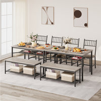 Garvee Dining Table Set for 4 with Bench and 2 Chairs, Rectangular Kitchen Table Set with Wine Rack, Dining Room Table Set for 4 with Storage Benches for Small Space, Apartment, Gray