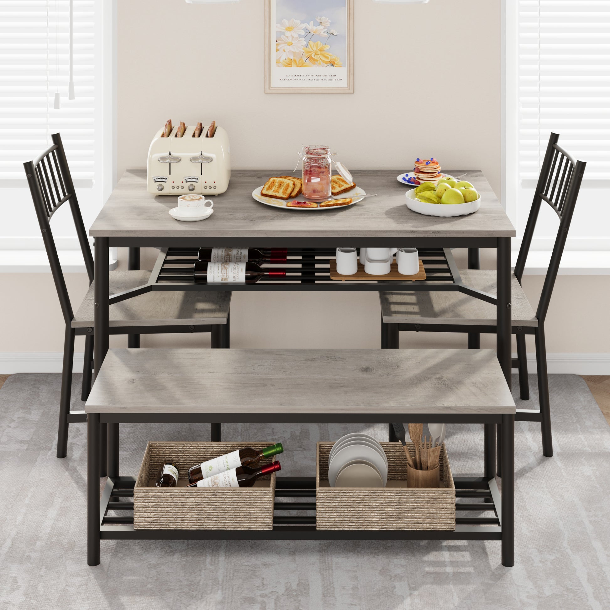 Garvee Dining Table Set for 4 with Bench and 2 Chairs, Rectangular Kitchen Table Set with Wine Rack, Dining Room Table Set for 4 with Storage Benches for Small Space, Apartment, Gray