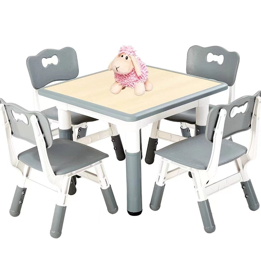 Garvee Square Kids Table and Chairs Set, 60 x 60CM, Height Adjustable Desk with 4 Seats, Graffiti Desktop, Non-Slip Legs, Multi-Activity Table for Classrooms Daycares Home - Light Gray Color