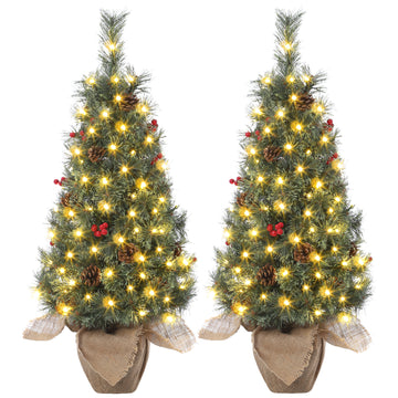 Garvee 3ft Pre-Lit Artificial Small Christmas Tree with 78 Warm White Lights, Tabletop Mini Christmas Tree with a Burlap Base, Battery Operated and Timer Function, Christmas Decoration for Home, 2 PCS