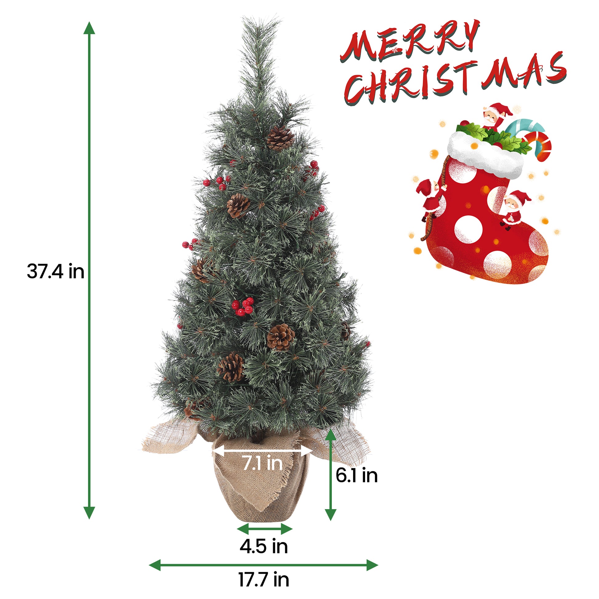 Garvee 3ft Small Christmas Tree, Pre-lit Xmas Tree with Cloth Bag Base, Mini Christmas Tree with LED Lights, Artificial Christmas Tree with Pine Cones and Berries for Desk Decoration