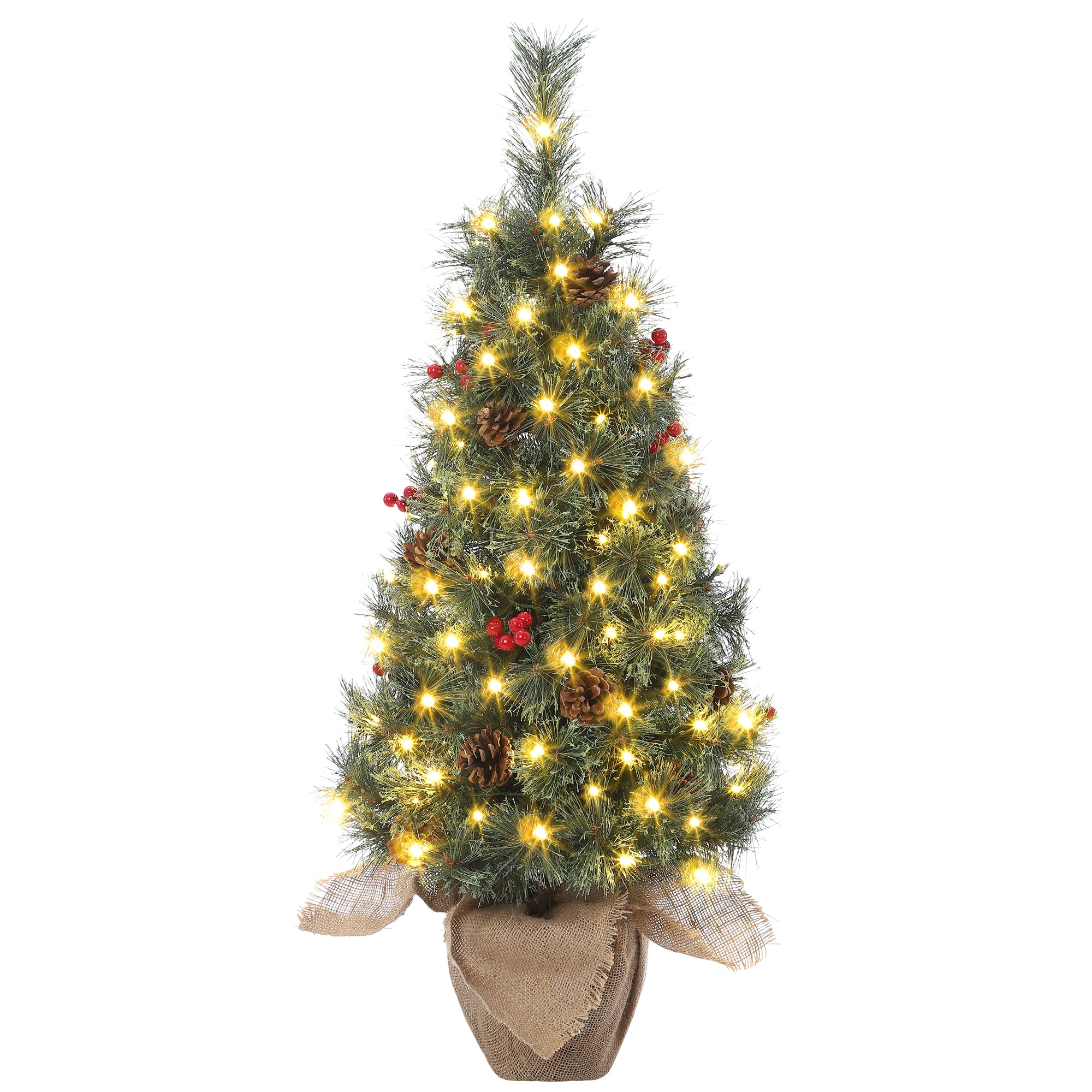 Garvee 3ft Small Christmas Tree, Pre-lit Xmas Tree with Cloth Bag Base, Mini Christmas Tree with LED Lights, Artificial Christmas Tree with Pine Cones and Berries for Desk Decoration