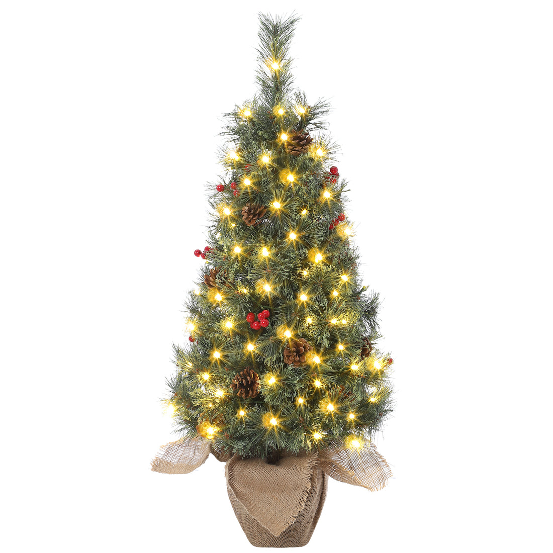 Garvee 3ft Small Christmas Tree, Pre-lit Xmas Tree with Cloth Bag Base, Mini Christmas Tree with LED Lights, Artificial Christmas Tree with Pine Cones and Berries for Desk Decoration