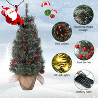 Garvee Pre-Lit Artificial Small Christmas Tree 3ft with 78 Warm White Lights, Tabletop Mini Christmas Tree with a Burlap Base, Battery Operated and Timer Function, Christmas Decoration for Home