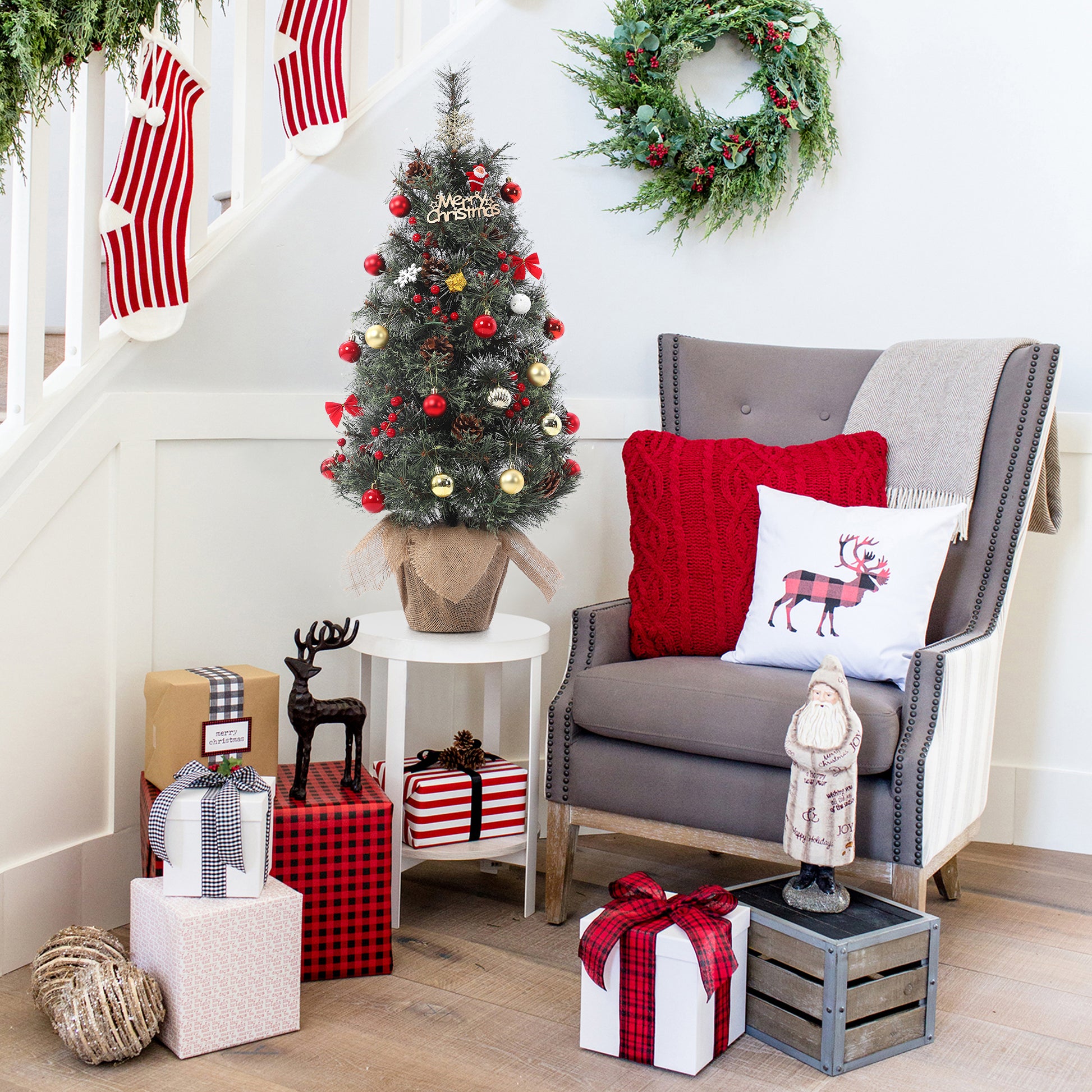 Garvee Pre-Lit Artificial Small Christmas Tree 3ft with 78 Warm White Lights, Tabletop Mini Christmas Tree with a Burlap Base, Battery Operated and Timer Function, Christmas Decoration for Home, 2 PCS