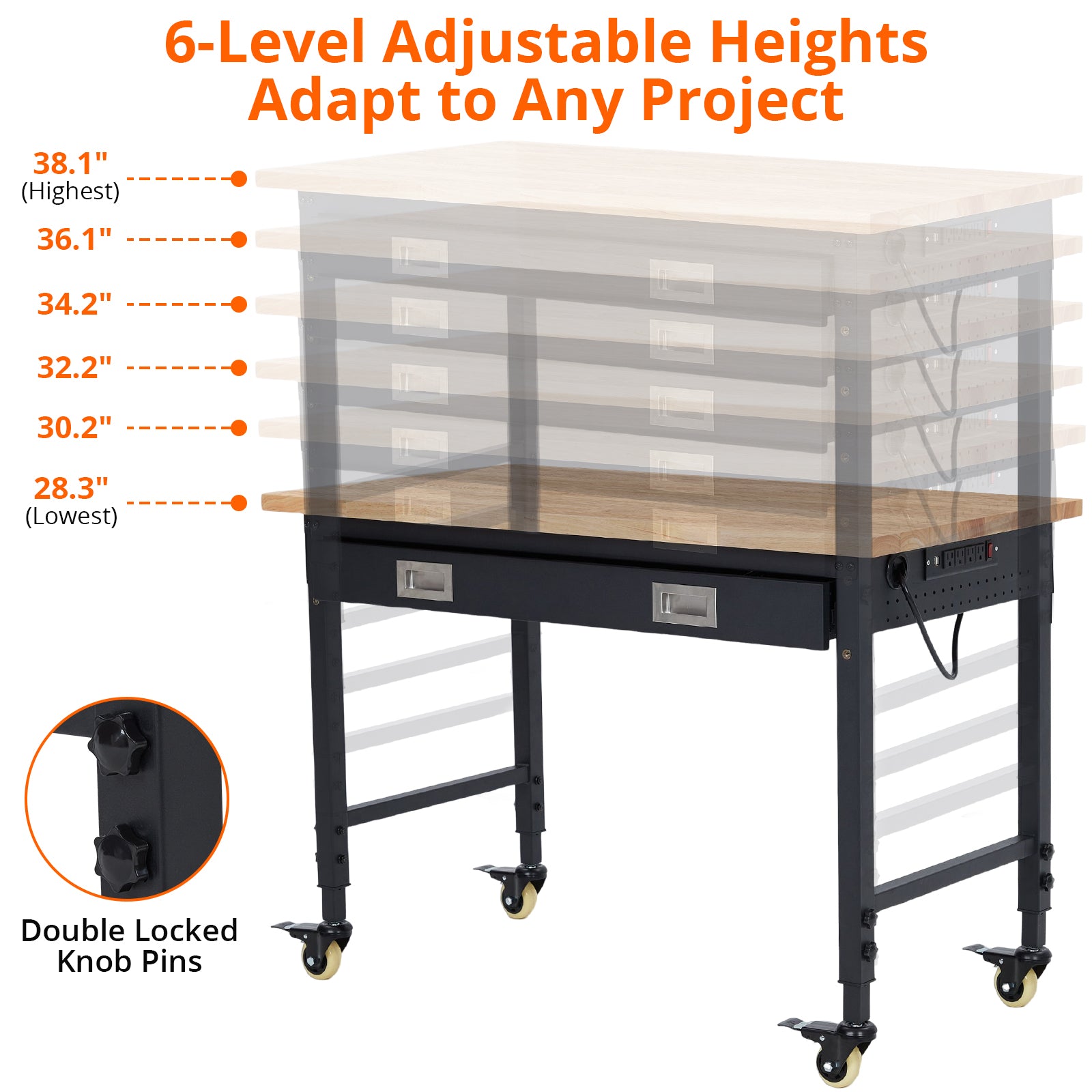 GARVEE Adjustable Workbench, 2000 lbs Capacity, 48 x 24 Inch Rubber Wood Top Work Bench with Drawer & 4 Rolling Casters, Heavy-Duty Metal Frame Work Table for Garage, Workshop, Office, Home, without Back Panel Light Strip