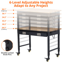 GARVEE Adjustable Workbench, 2000 lbs Capacity, 48 x 24 Inch Rubber Wood Top Work Bench with Drawer & 4 Rolling Casters, Heavy-Duty Metal Frame Work Table for Garage, Workshop, Office, Home, without Back Panel Light Strip
