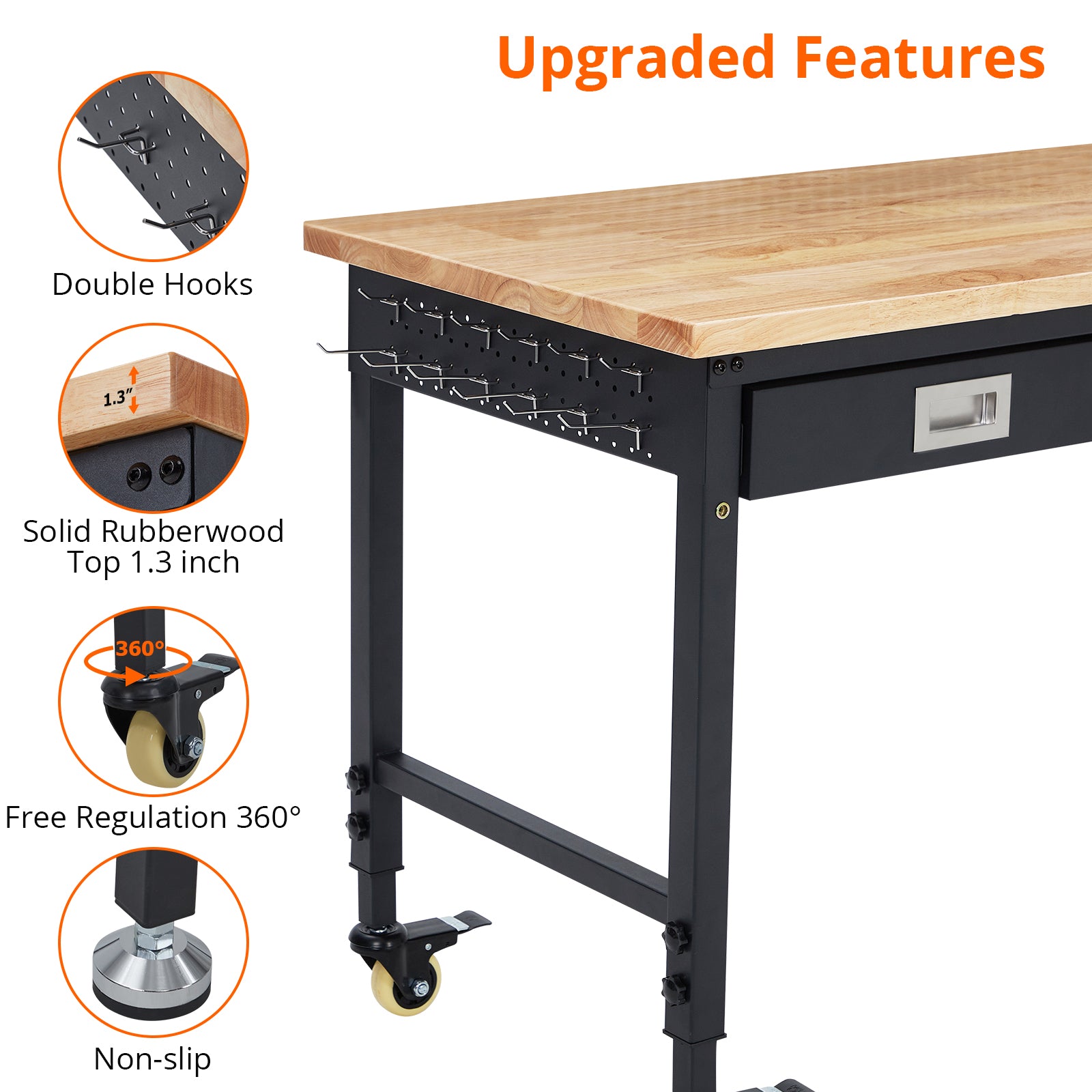 GARVEE Adjustable Workbench, 2000 lbs Capacity, 48 x 24 Inch Rubber Wood Top Work Bench with Drawer & 4 Rolling Casters, Heavy-Duty Metal Frame Work Table for Garage, Workshop, Office, Home, without Back Panel Light Strip