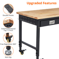 GARVEE Adjustable Workbench, 2000 lbs Capacity, 48 x 24 Inch Rubber Wood Top Work Bench with Drawer & 4 Rolling Casters, Heavy-Duty Metal Frame Work Table for Garage, Workshop, Office, Home, without Back Panel Light Strip