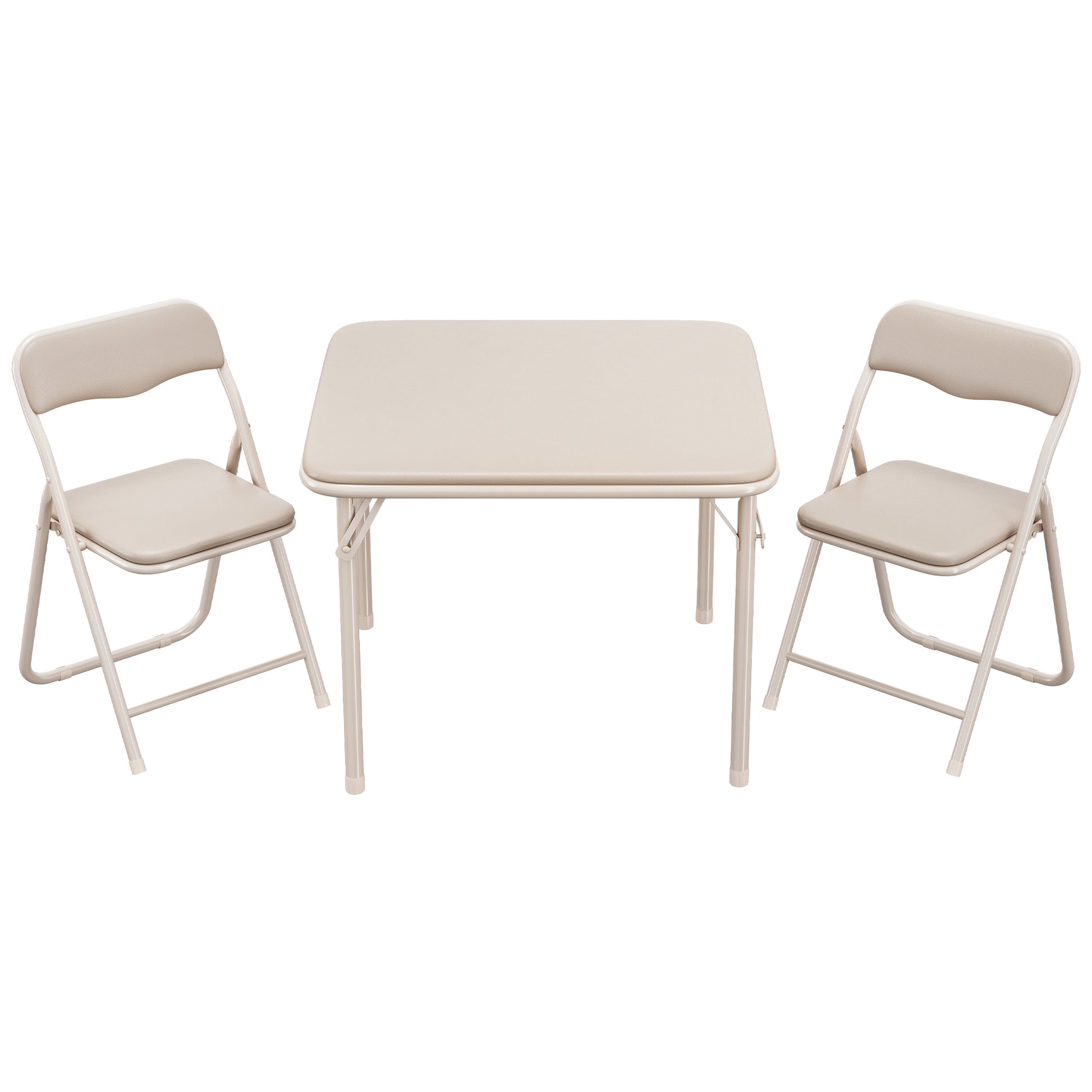 Garvee Boys and Girls Folding Table and Chairs Set of 3, Portable Table and Chair with PU Soft Cushion, Suitable for Eating, Reading and Playing, Beige